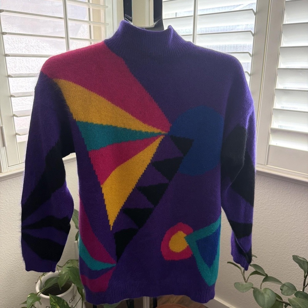 Vintage Rafaella Angora Lambswool Mock Neck Geometric Sweater M Art-to-Wear